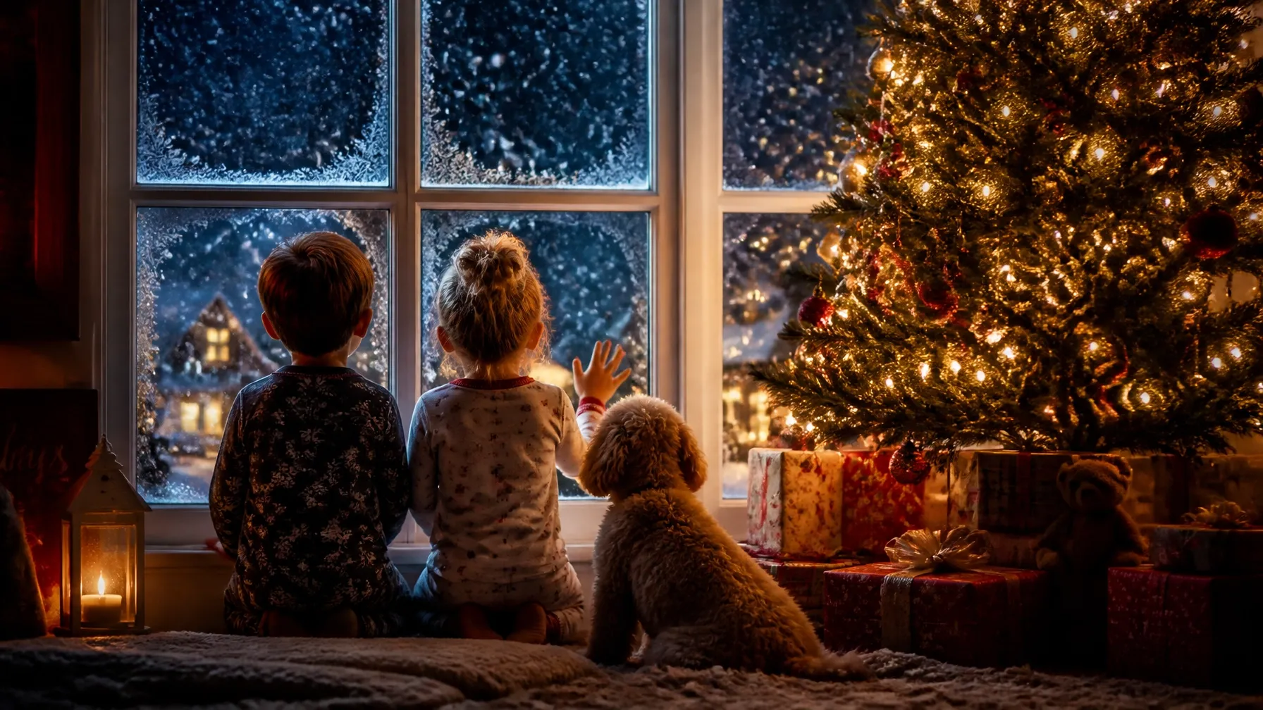 Children in festive pyjamas watching snow fall by a glowing Christmas tree