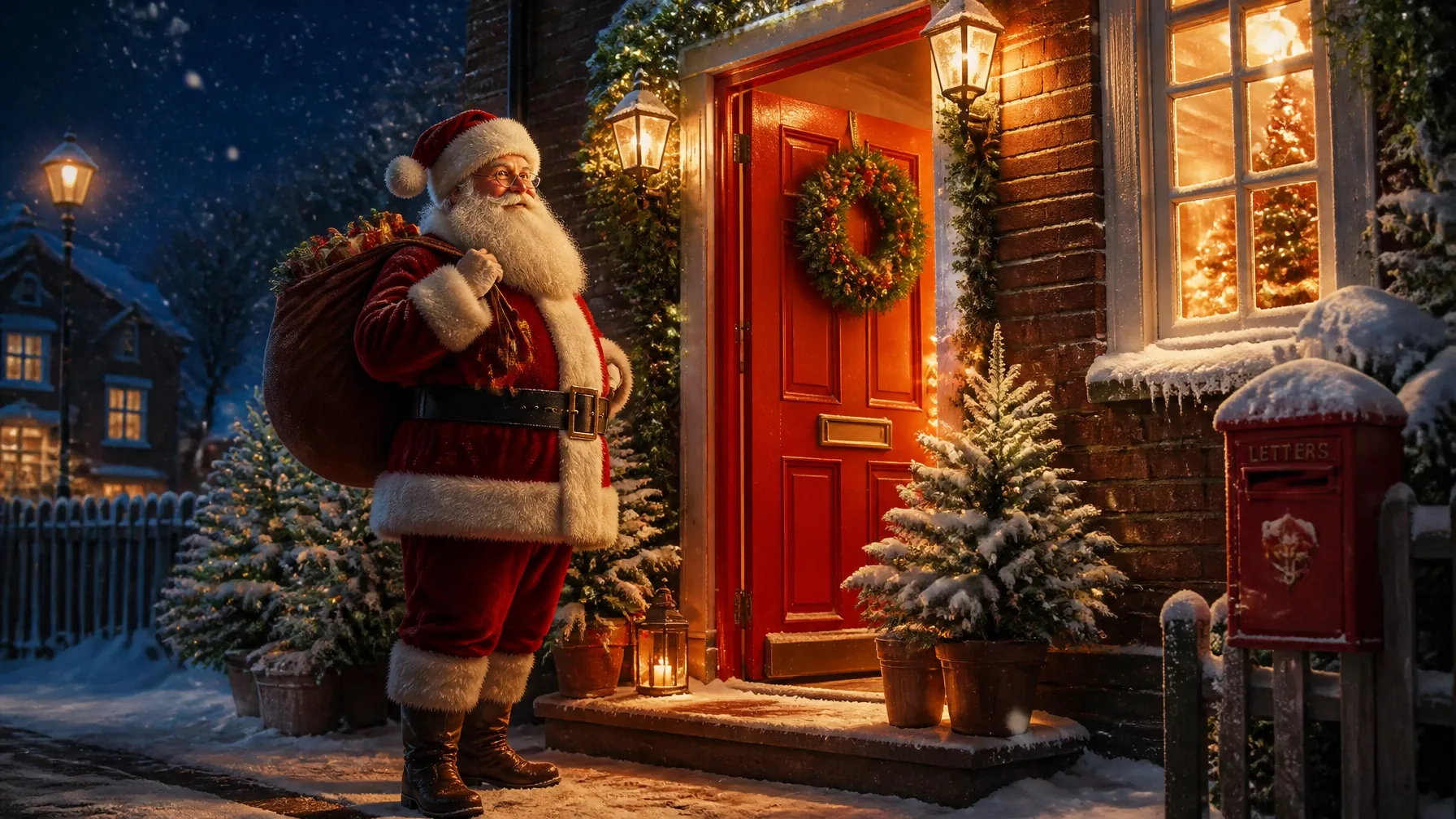 Father Christmas at a warmly lit, snowy front doorstep at night