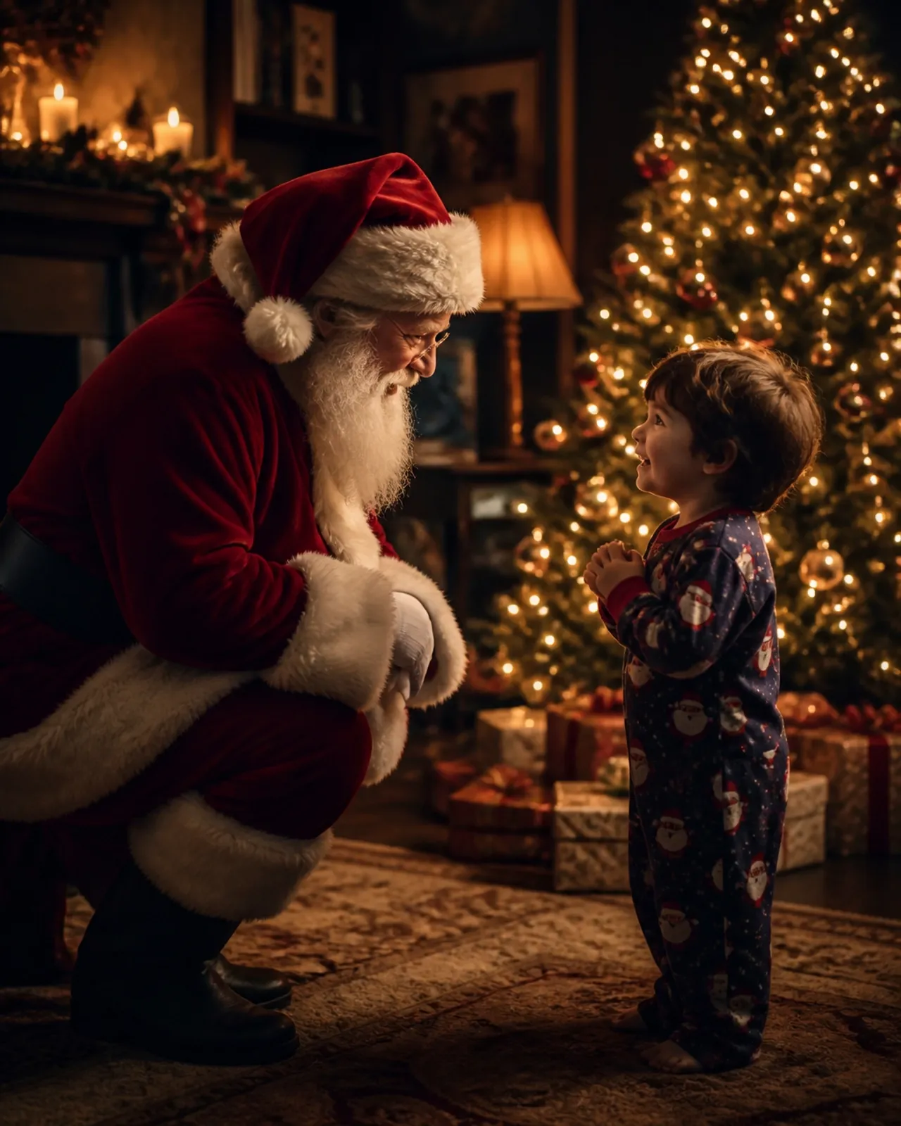 Father Christmas kneeling to greet a delighted child beside a Christmas tree